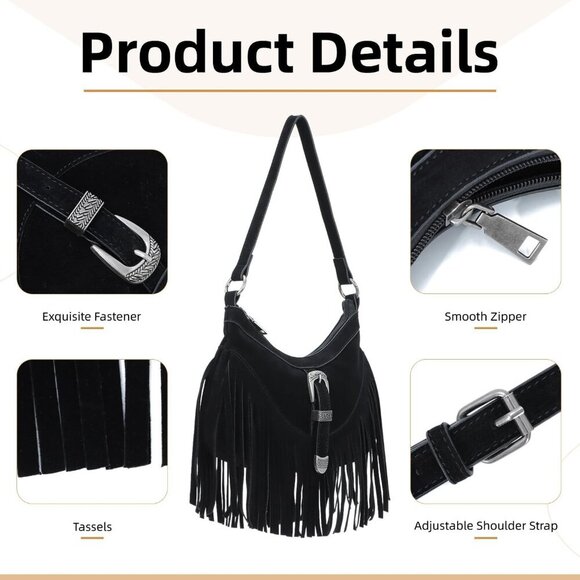 Fringe Hobo Purse for Women Tassel Shoulder Bag Vintage Suede Crossbody - Picture 4 of 7